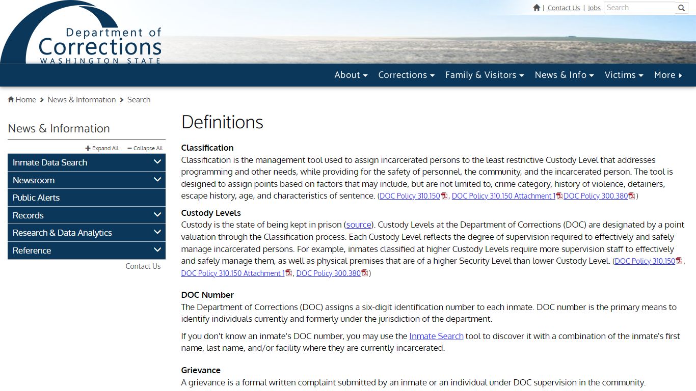 Search Definitions | Washington State Department of Corrections